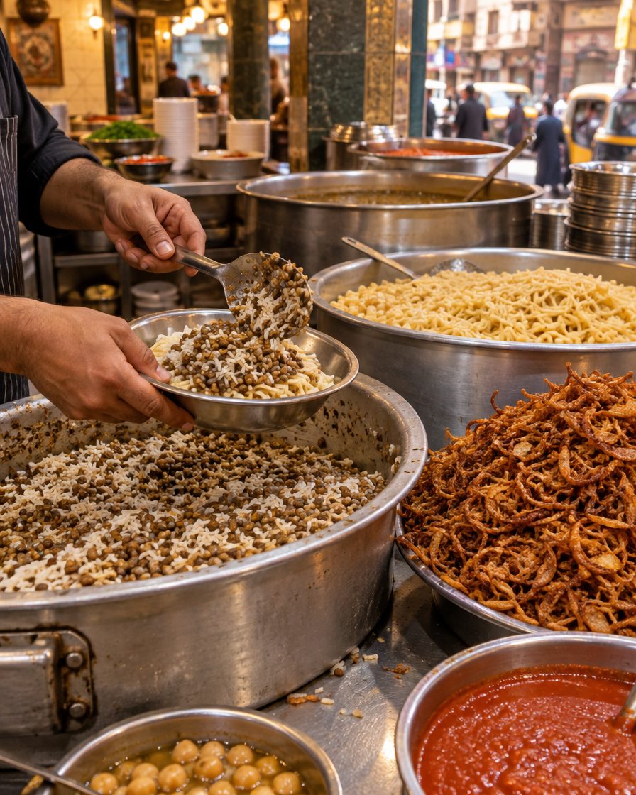 Pots of rice and lentils, macaroni and fried onions on the counter, and a hand scooping a bowl